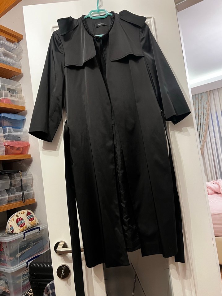 Siyah Uzun Kadın Trençkot Drapeli - Görsel 2