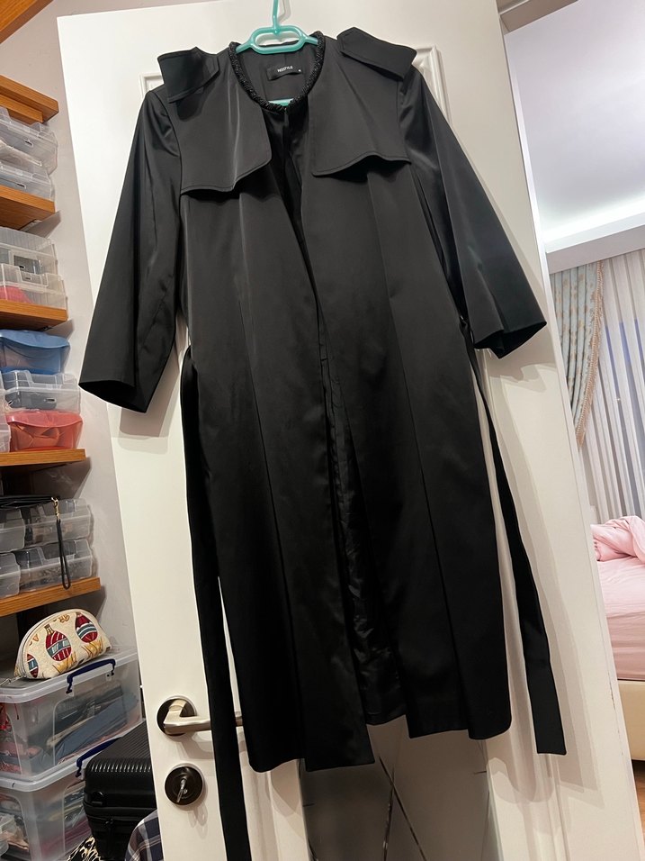 Siyah Uzun Kadın Trençkot Drapeli - Görsel 5