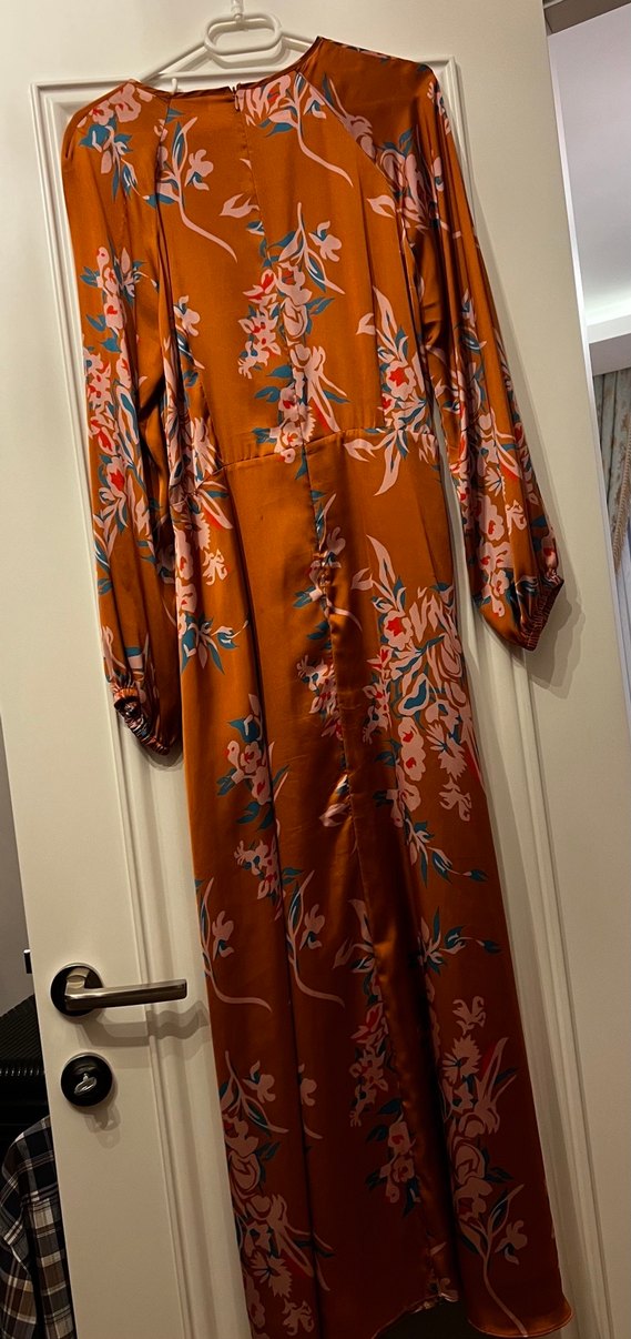 Bohem Çiçek Desenli Uzun Kahverengi Elbise - Görsel 2