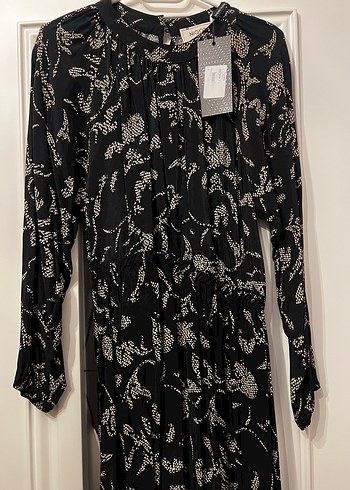 Uzun Kol Zincir Detaylı Siyah Desenli Elbise - Görsel 2