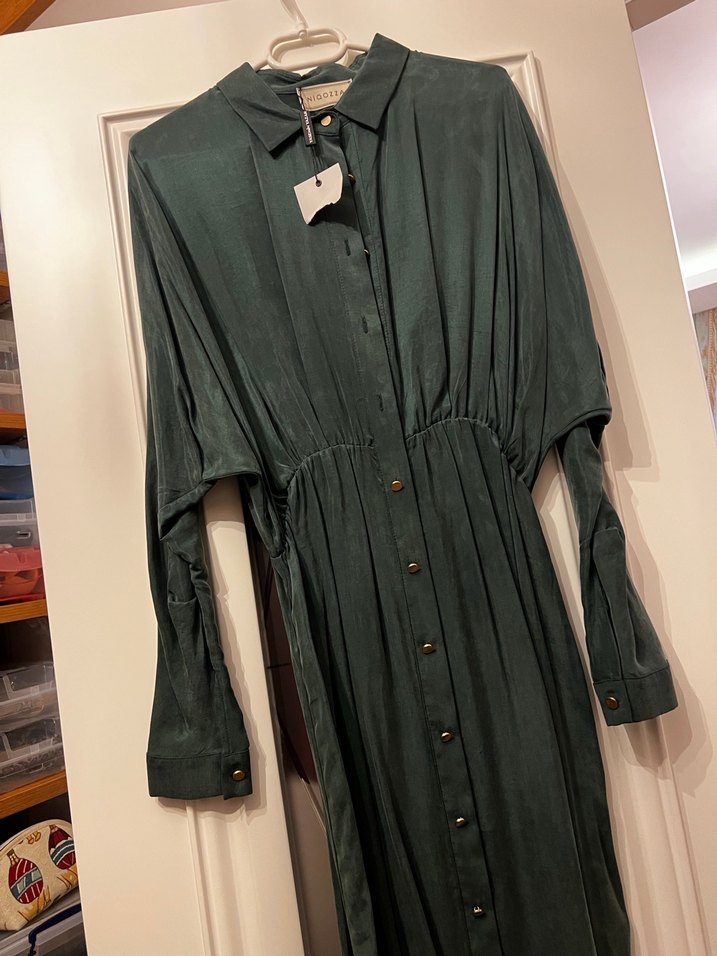 Uzun Kollu Yeşil Düğmeli İpek Elbise - Görsel 3