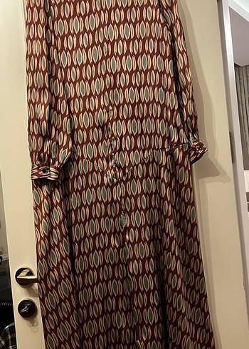 Kahverengi V Yaka Uzun Bohem Elbise - Görsel 4