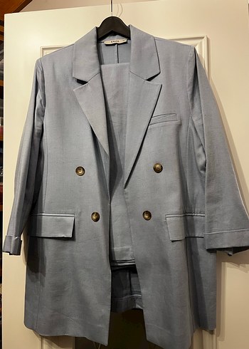 Gri Uzun Kesim Kadın Blazer Ceket ve pantolon takım - Görsel 2