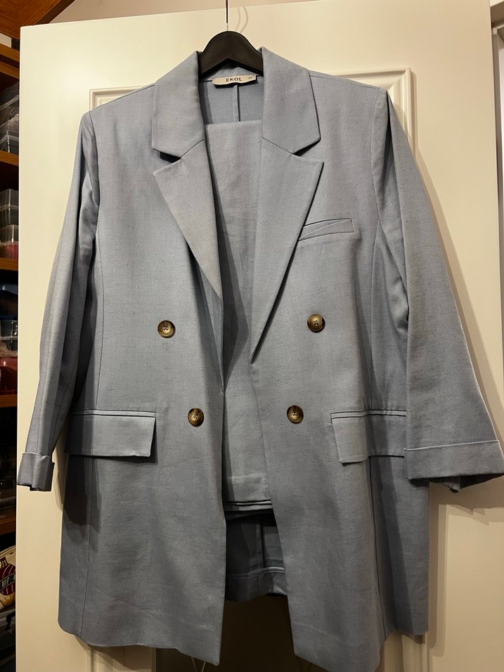 Gri Uzun Kesim Kadın Blazer Ceket ve pantolon takım - Görsel 2