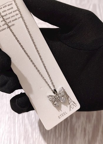 Uzun Zincirli Gri Kelebek Kolye - Görsel 2