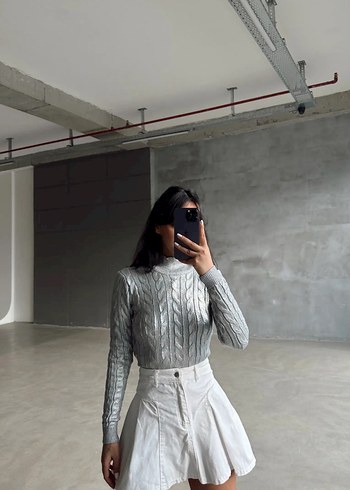 Gri Metalik Fitilli Boğazlı Kadın Kazak - Görsel 2