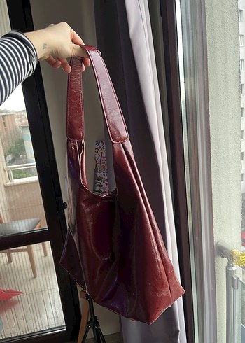 Bordo Parlak Deri Vintage Kadın Çanta - Görsel 5