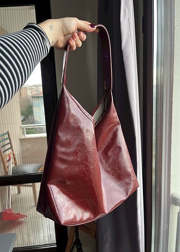 Bordo Parlak Deri Vintage Kadın Çanta - Görsel 3