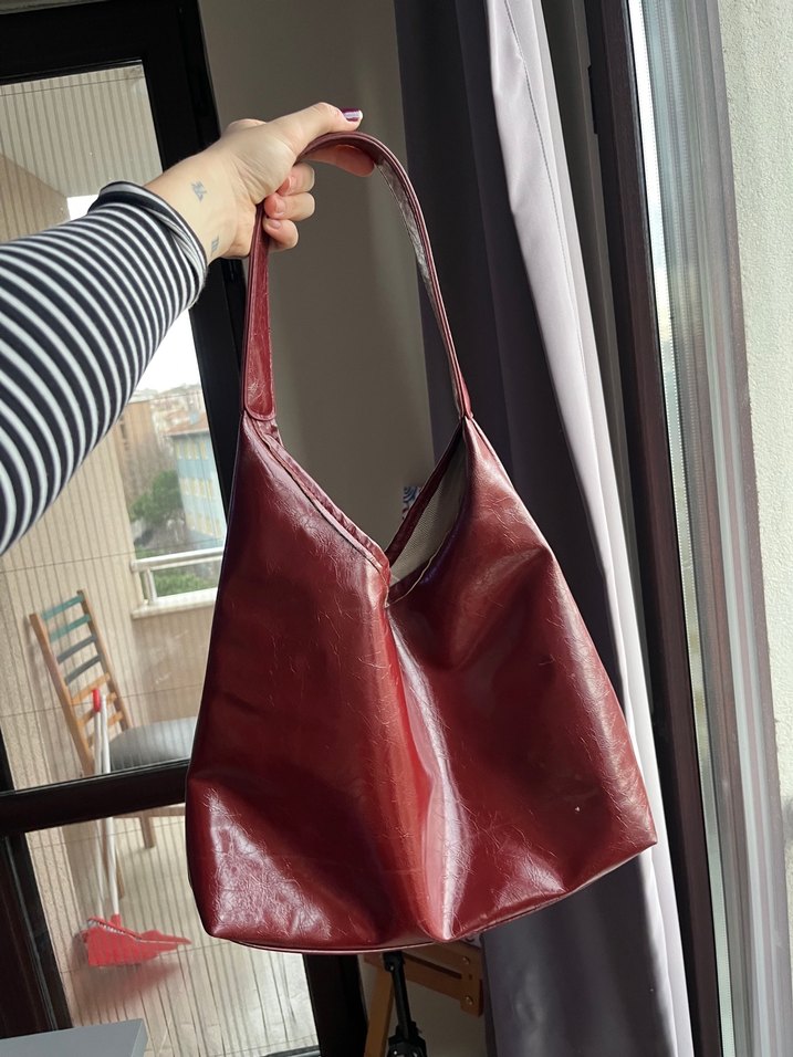 Bordo Parlak Deri Vintage Kadın Çanta - Görsel 2