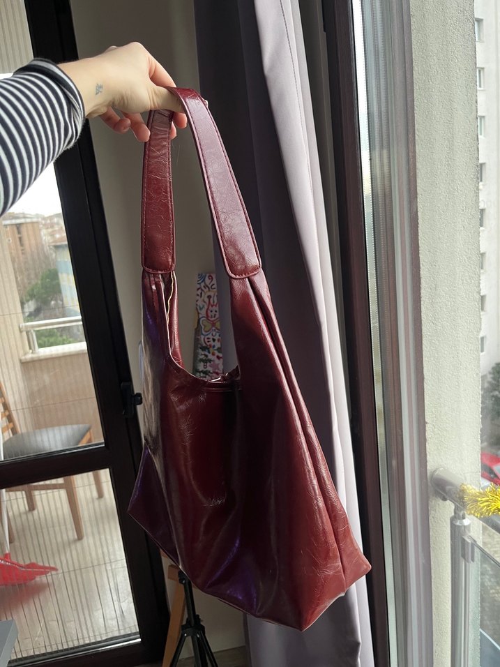 Bordo Parlak Deri Vintage Kadın Çanta - Görsel 5