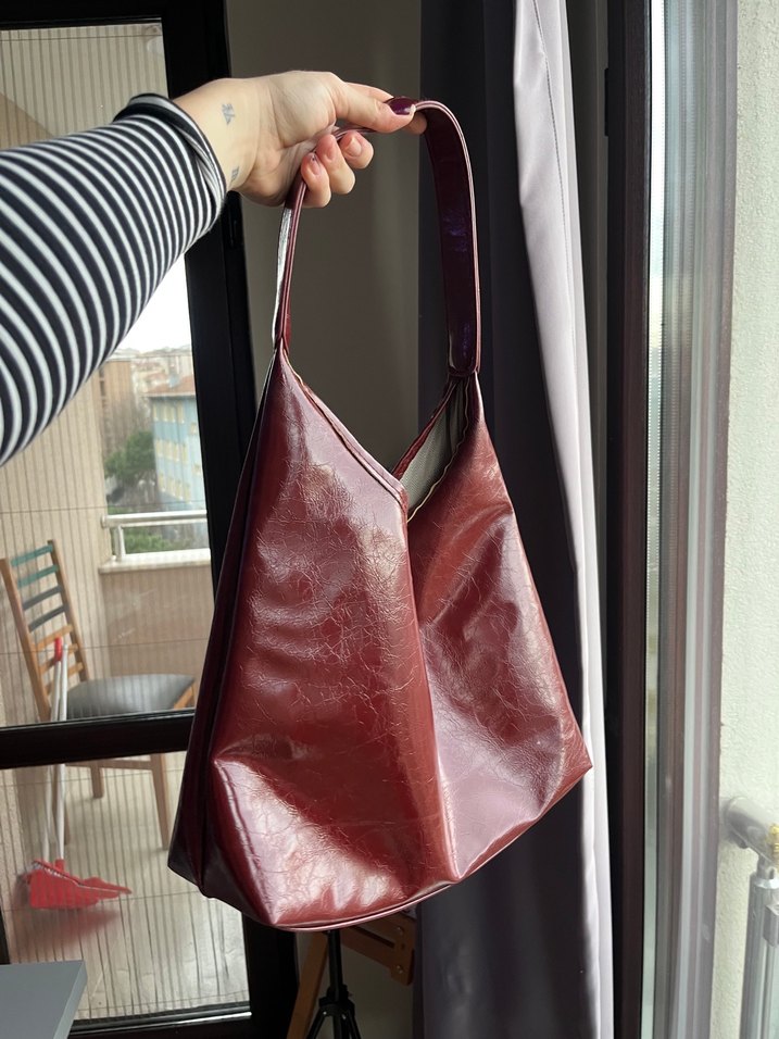 Bordo Parlak Deri Vintage Kadın Çanta - Görsel 3