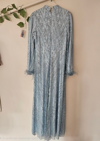 Su Mavisi İşlemeli Uzun Abiye Elbise - Görsel 4