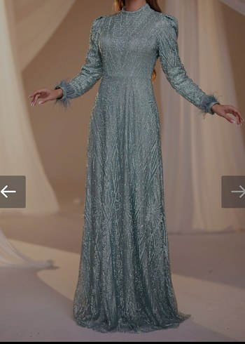 Su Mavisi İşlemeli Uzun Abiye Elbise - Görsel 3