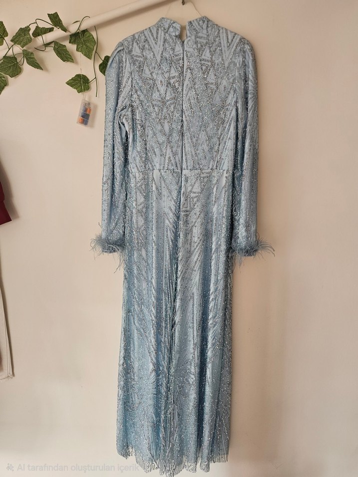 Su Mavisi İşlemeli Uzun Abiye Elbise - Görsel 4
