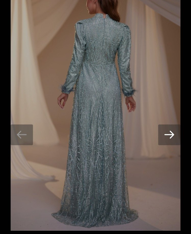 Su Mavisi İşlemeli Uzun Abiye Elbise - Görsel 2