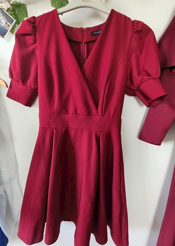 Bordo V Yaka Midi Klasik Elbise - Görsel 6