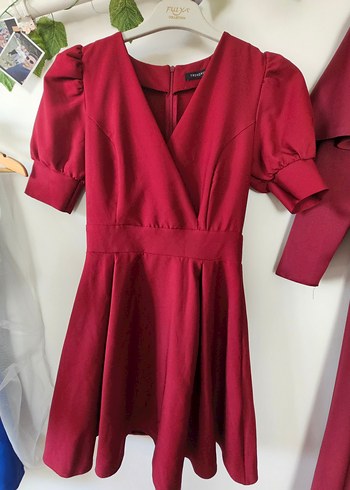 Bordo V Yaka Midi Klasik Elbise - Görsel 3