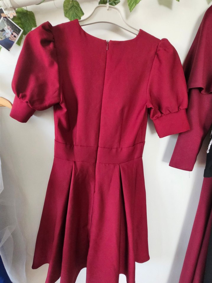 Bordo V Yaka Midi Klasik Elbise - Görsel 5