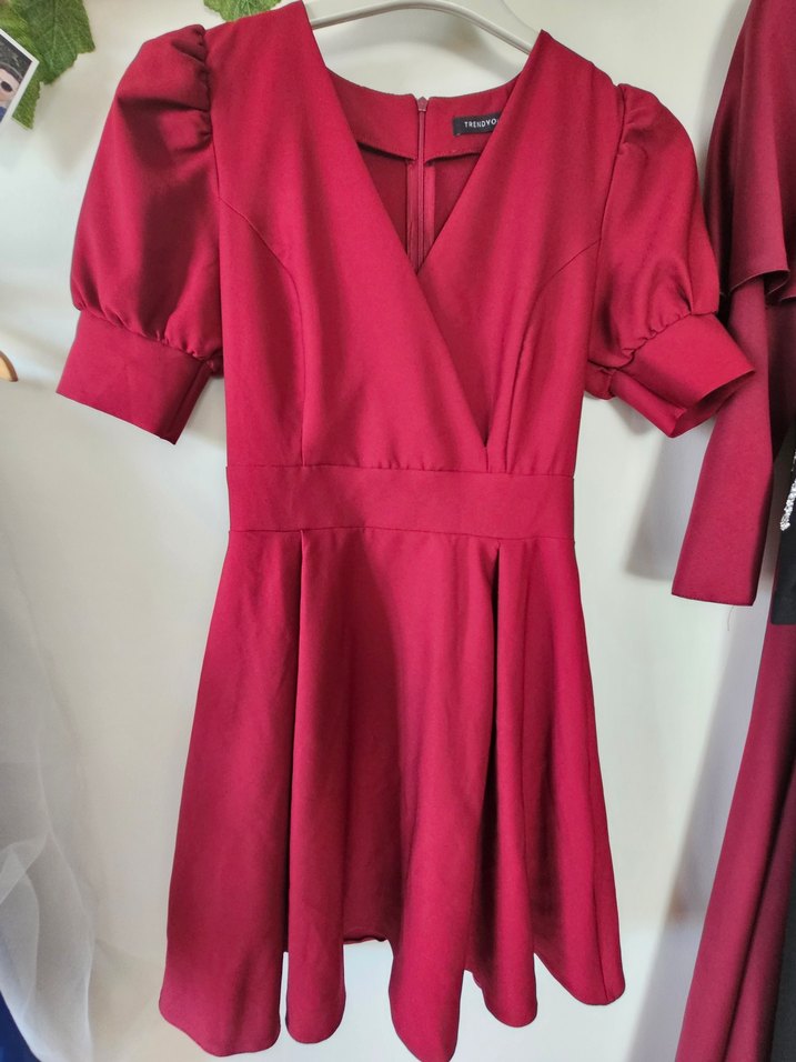 Bordo V Yaka Midi Klasik Elbise - Görsel 2