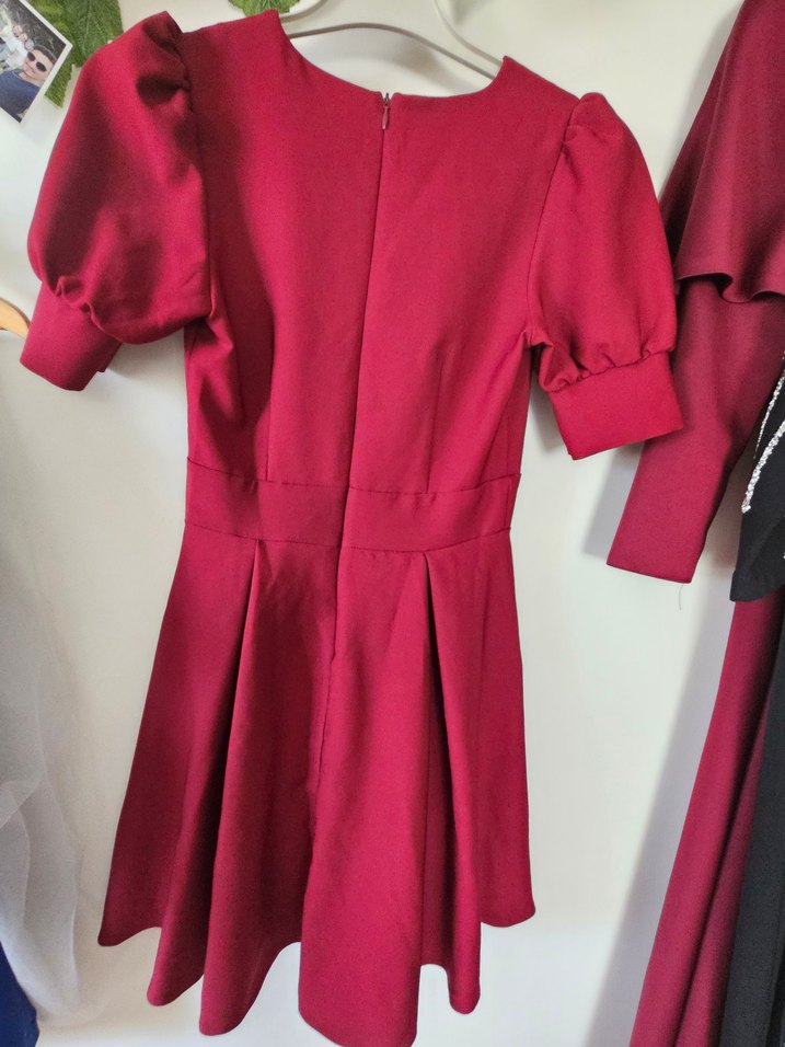 Bordo V Yaka Midi Klasik Elbise - Görsel 4