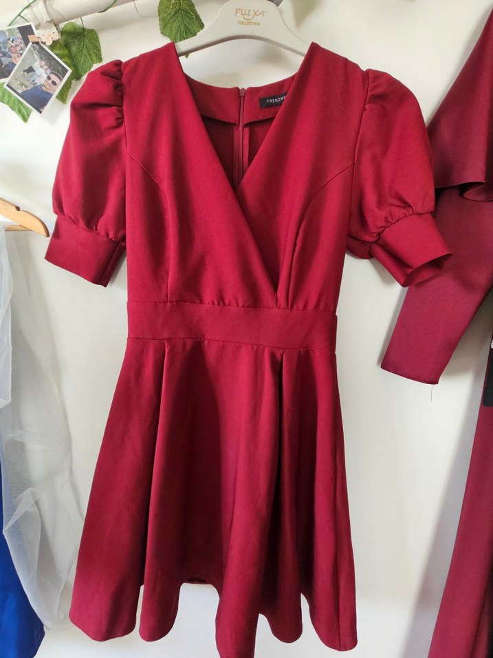 Bordo V Yaka Midi Klasik Elbise - Görsel 3