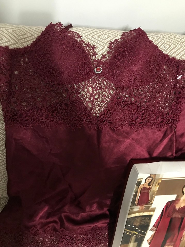 Bordo İşlemeli Mini Kadın Saten Gecelik Takımı - Görsel 4