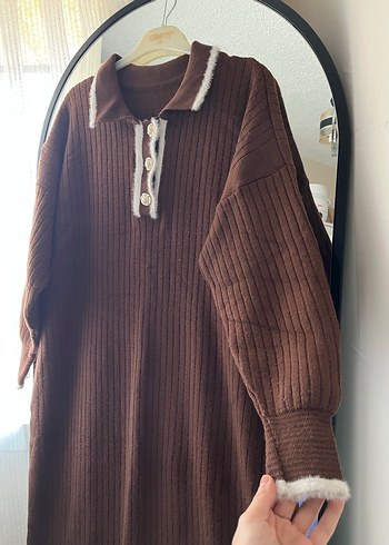 Kahverengi Örgü Kadın Uzun Elbise - Görsel 3