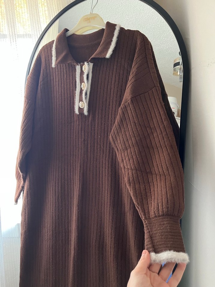 Kahverengi Örgü Kadın Uzun Elbise - Görsel 3