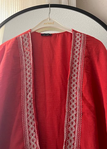Nakışlı Kırmızı Bohem Kimono - Görsel 3