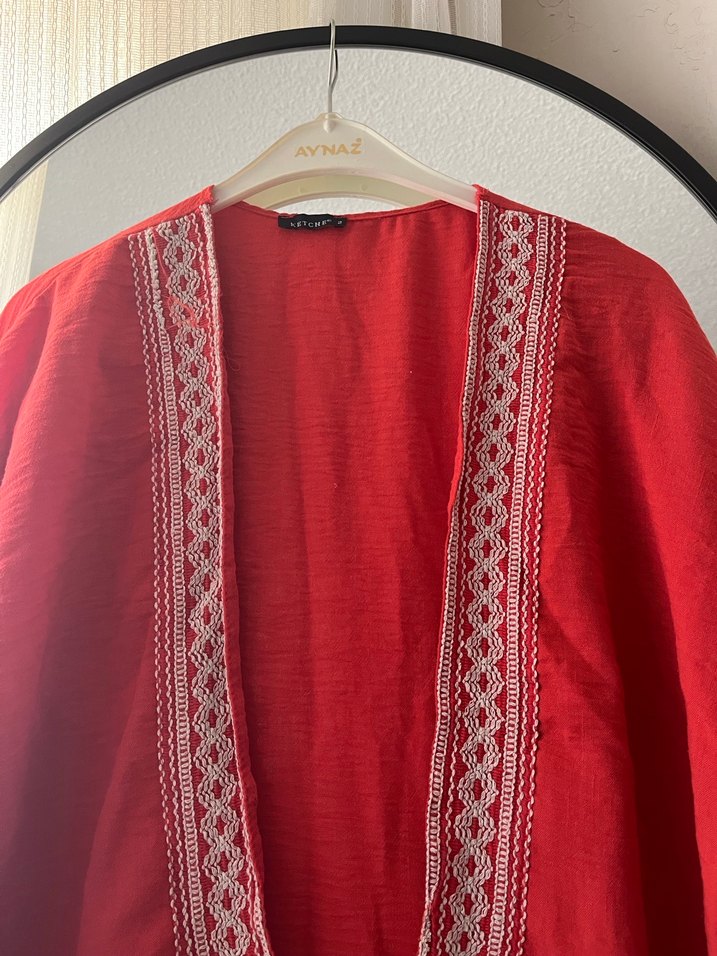 Nakışlı Kırmızı Bohem Kimono - Görsel 3
