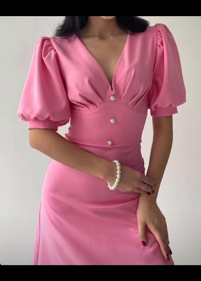 V yaka balon kol elbise - Görsel 2