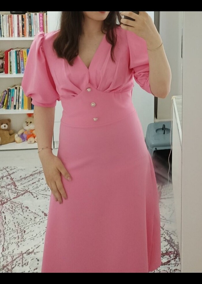 V yaka balon kol elbise - Görsel 3