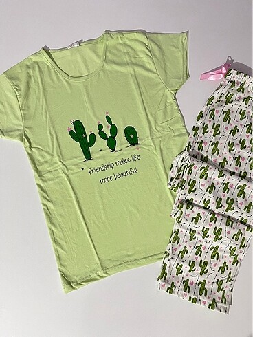 l Beden yeşil Renk Kısa kol bayan pijama takımı
