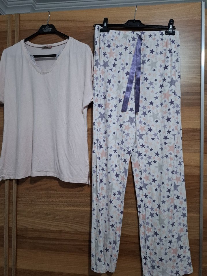 Bağcıklı Yıldız Desenli Gri Beyaz Pijama Takımı - Görsel 2