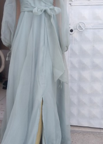 Uzun su yesili Drapeli Straplez Abiye Elbise - Görsel 3