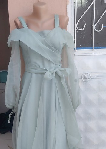 Uzun su yesili Drapeli Straplez Abiye Elbise - Görsel 2