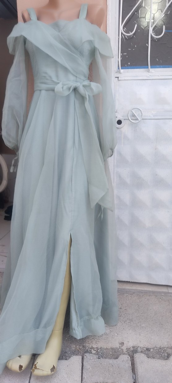 Uzun su yesili Drapeli Straplez Abiye Elbise - Görsel 3