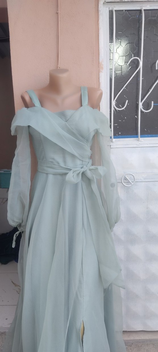 Uzun su yesili Drapeli Straplez Abiye Elbise - Görsel 2