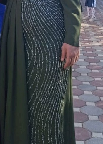 Abiye Uzun Kollu Drapeli Haki Abiye Elbise