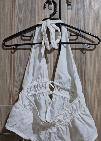 Beyaz Keten Halter Yaka Bohem Bluz - Görsel 2