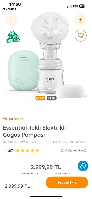 Philips avent elektrikli göğüs pompası