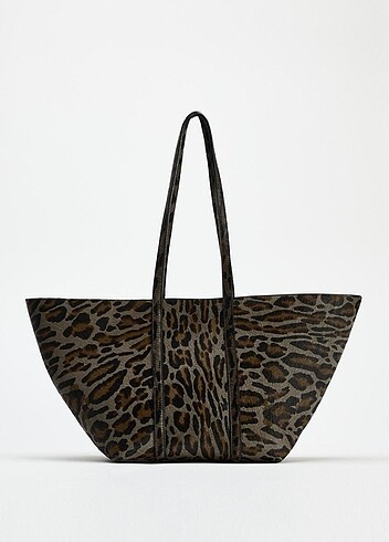 ZARA DERİ LEOPAR DESENLİ TOTE ÇANTA