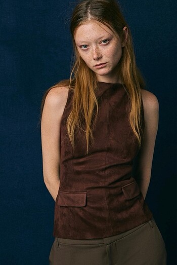 s Beden kahverengi Renk zara yakalı suni süet bluz crop top