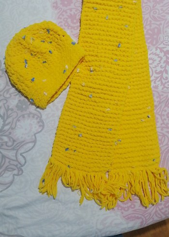 Kadife el Örgüsü Çocuk Bere ve Atkı Seti - Görsel 5