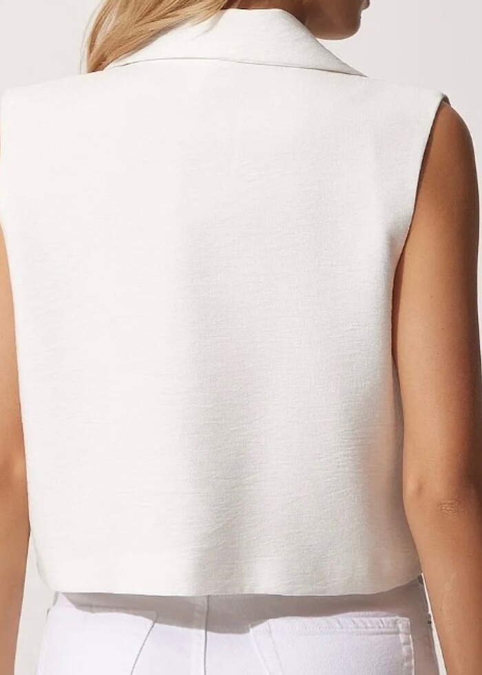 KADIN TEK DUĞME KISA KETEN YELEK - Görsel 4