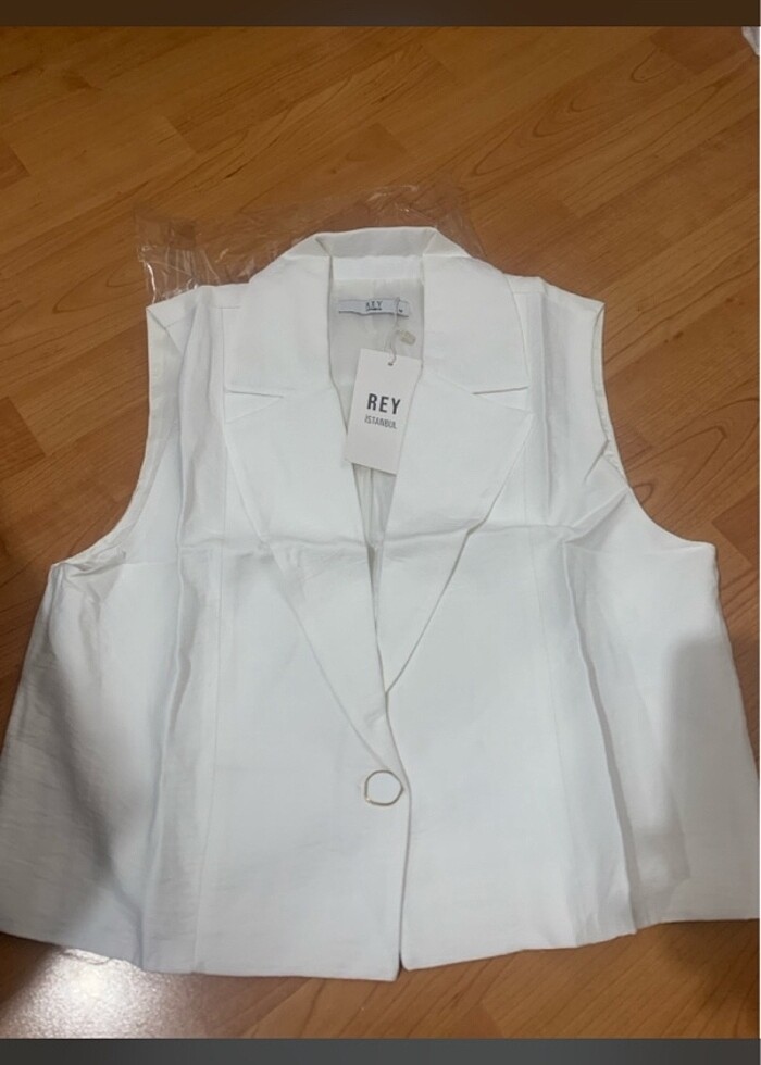 KADIN TEK DUĞME KISA KETEN YELEK - Görsel 5