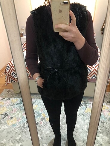 Peluş yelek ince kemerli