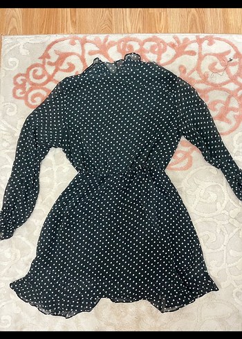 Uzun Kollu Siyah Puantiyeli Midi Elbise - Görsel 2