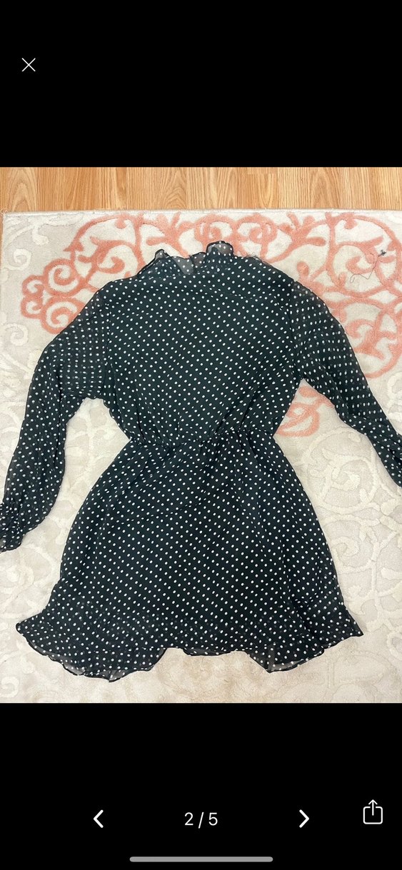 Uzun Kollu Siyah Puantiyeli Midi Elbise - Görsel 2