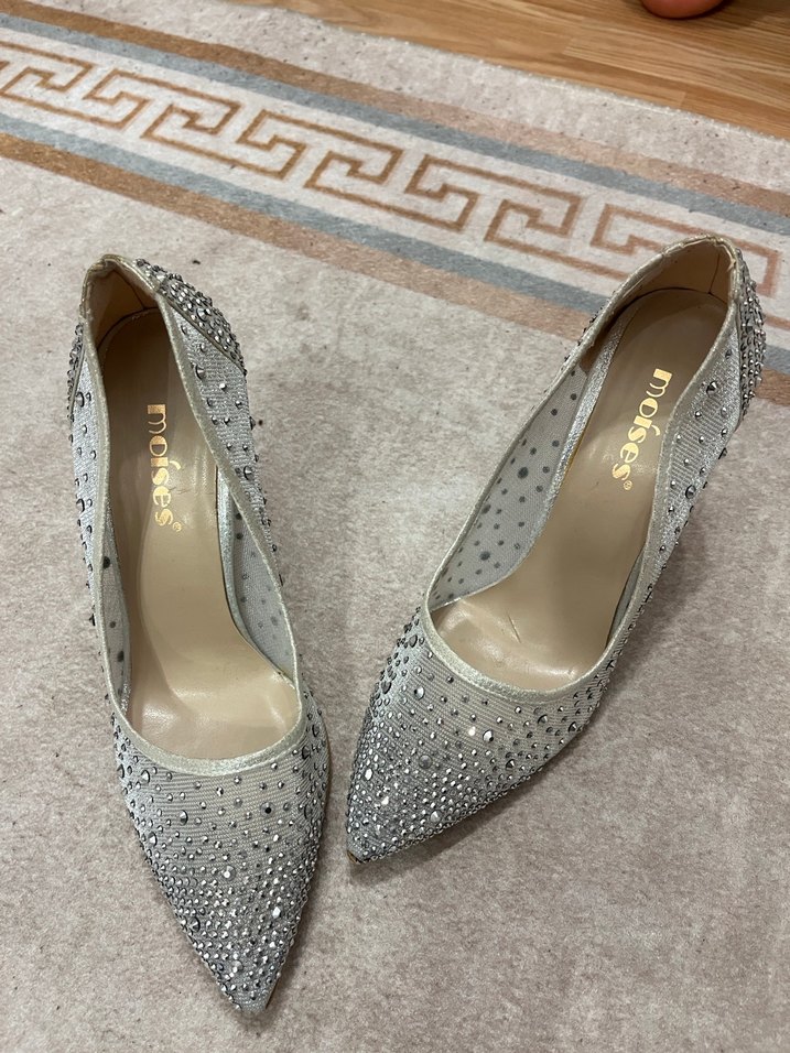 Gri Payetli Stiletto Topuklu Kadın Abiye Ayakkabı - Görsel 2